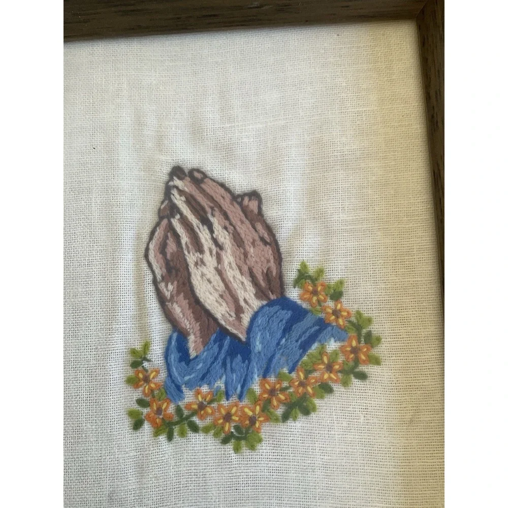 Handmade Praying Hands Vintage Tapestry Framed Artwork 8x10